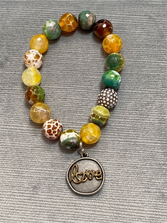 Hand Crafted Jewelry - Multicolor Fire/Dragon Vein Agate Beaded Bracelet with a silver 2 side charm